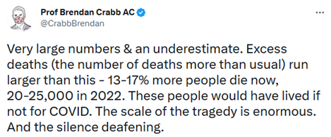screenshot of tweet from Prof Brendan Crabb AC, @CrabbBrendan. very large numbers & an underestimate. Excess deaths (the number of deaths more than usual) run larger than this - 13-17% more people die now, 20-25,000 in 2022. These people would have lived if not for COVID. The scale of the tragedy is enormous. And the silence is deafening. 